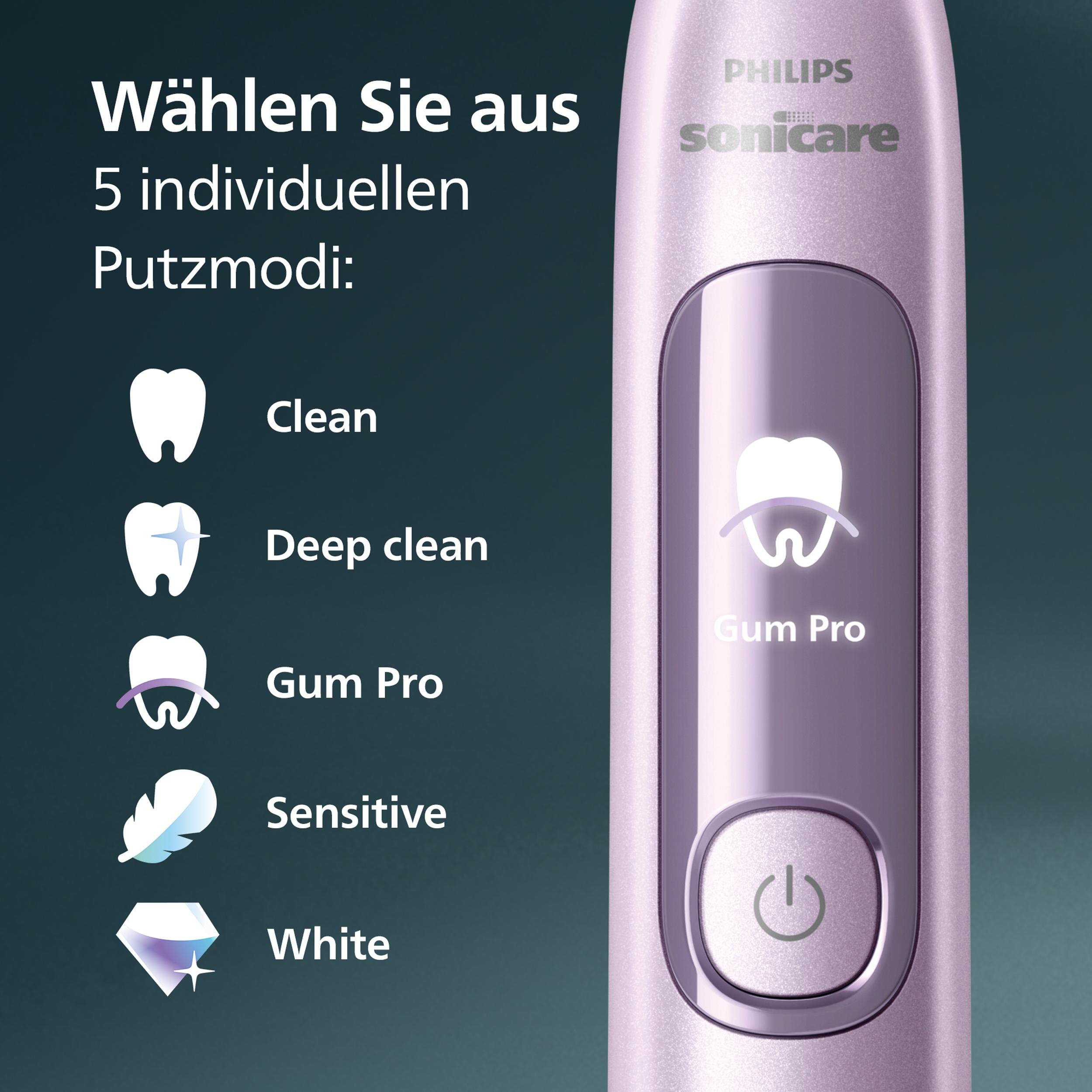 Das Bild zeigt eine rosa Philips Sonicare Zahnbürste mit fünf Reinigungsmodi: Clean, Deep Clean, Gum Pro, Sensitive und White.