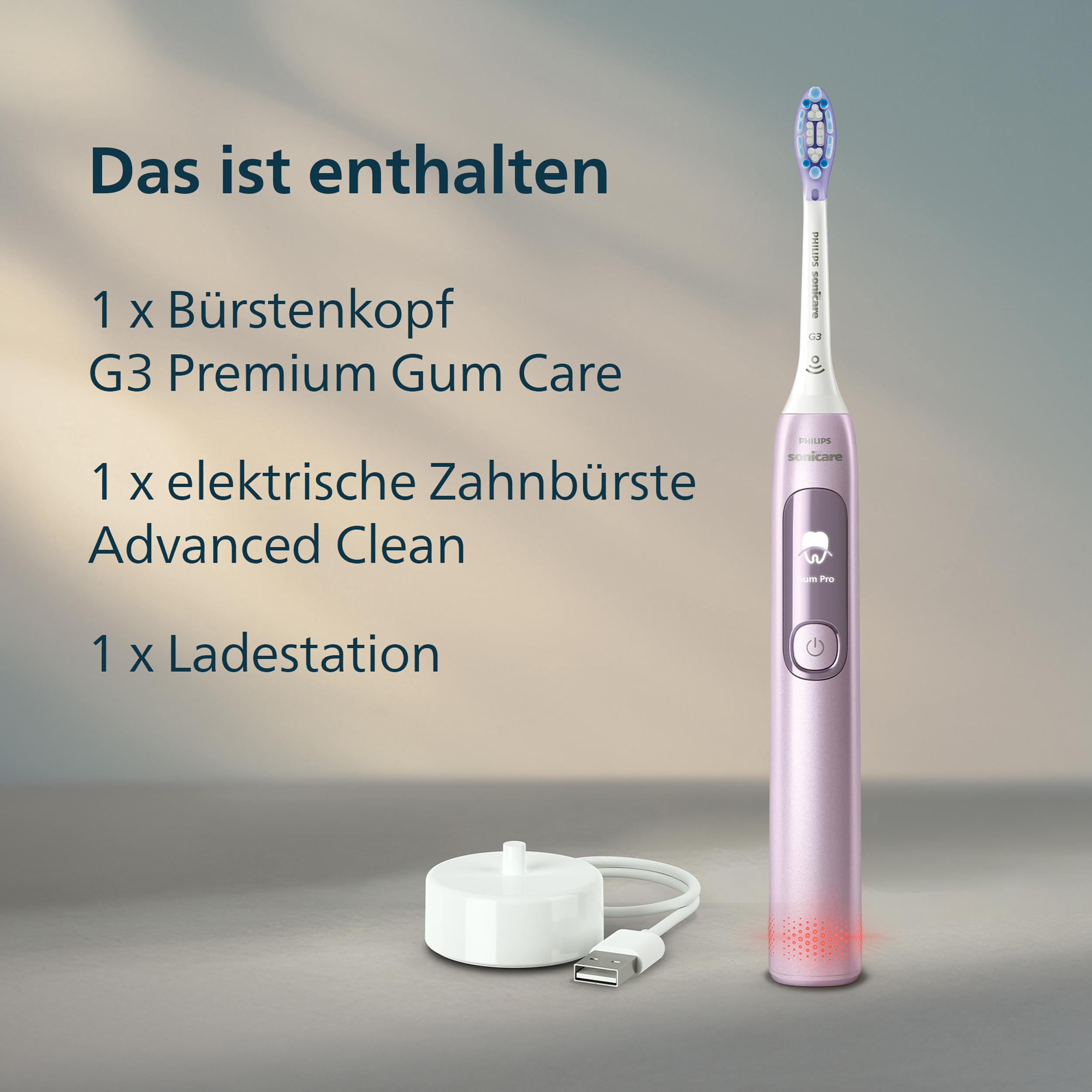 Das Bild zeigt eine elektrische Zahnbürste mit Ladestation. Text listet die enthaltenen Artikel auf: Bürstenkopf, Zahnbürste und Ladestation.