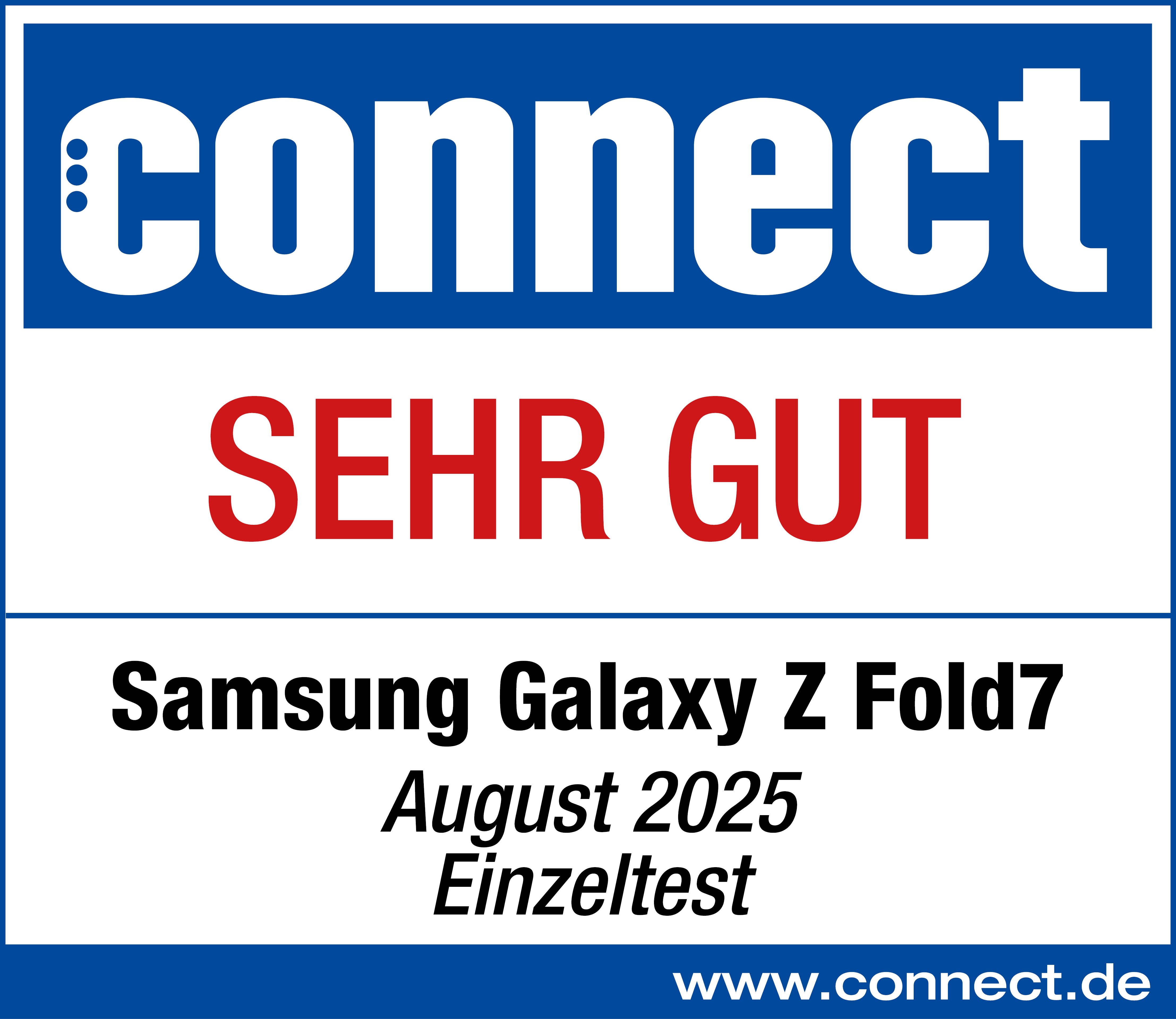 Das Bild zeigt das 'connect'-Logo, die Bewertung 'SEHR GUT' und Details zum Samsung Galaxy Z Fold7, datiert August 2025. Website www.connect.de.