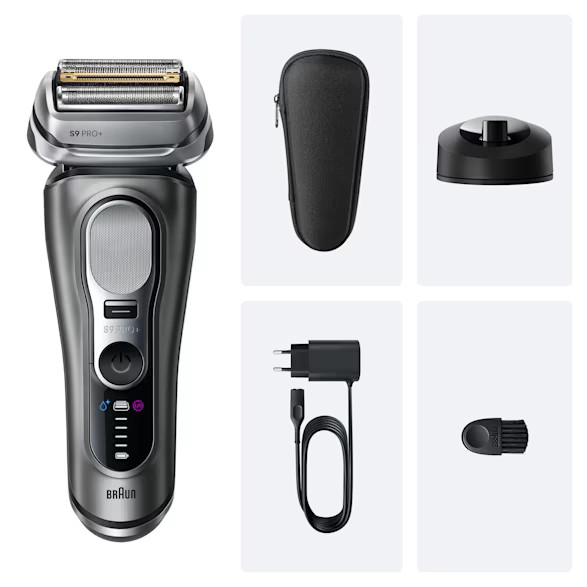 Golarka elektryczna Braun S9 Pro+ z akcesoriami: etui, stacja ładująca, ładowarka i szczoteczka do czyszczenia, wszystko na białym tle.