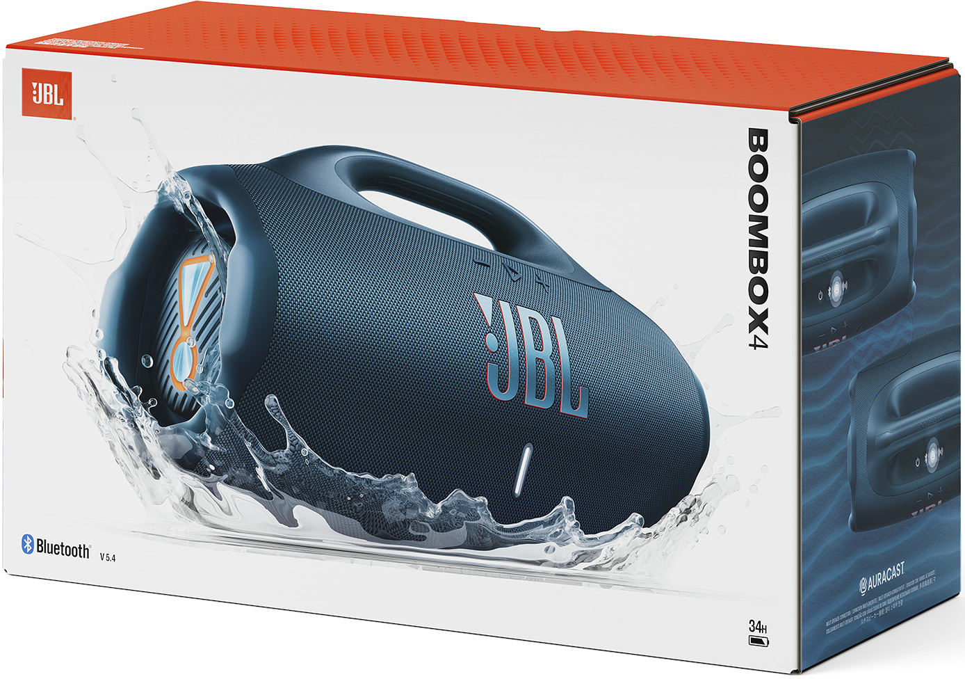 Ein JBL Boombox 4 Lautsprecher mit Wasserspritzeffekt. Der Lautsprecher ist dunkelblau mit JBL-Logo, umgeben von der Box.