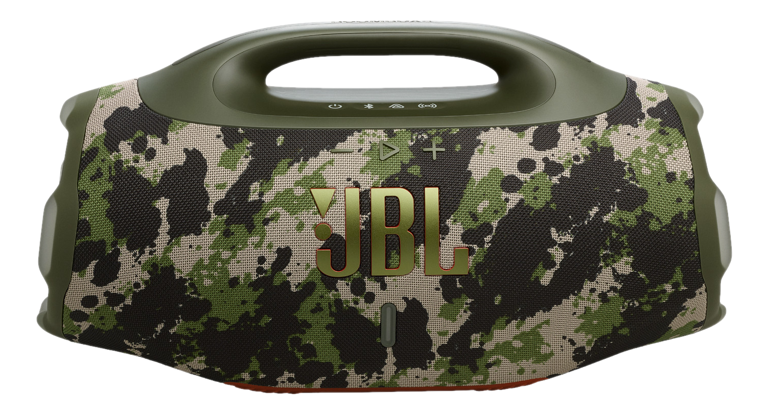 Ein JBL Boombox 3-Lautsprecher. Er hat ein Camouflage-Muster mit Grün, Schwarz und Beige. Das JBL-Logo ist auf der Vorderseite prominent.