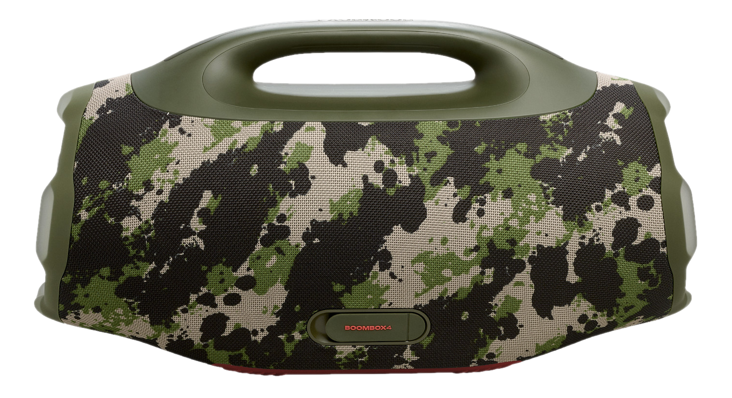 Ein grüner und tarnfarbener JBL Boombox 4 Lautsprecher. Er hat einen Griff und das Muster ist schwarz, grün und beige.