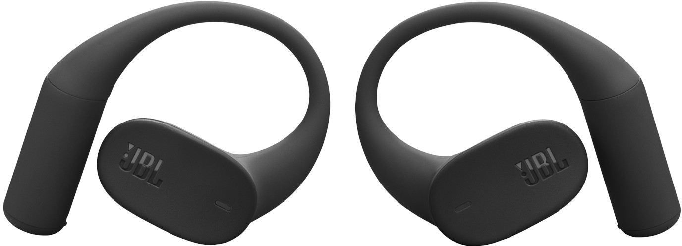 Deux écouteurs JBL noirs avec crochets d'oreille. Chacun porte le logo JBL. Fond blanc.