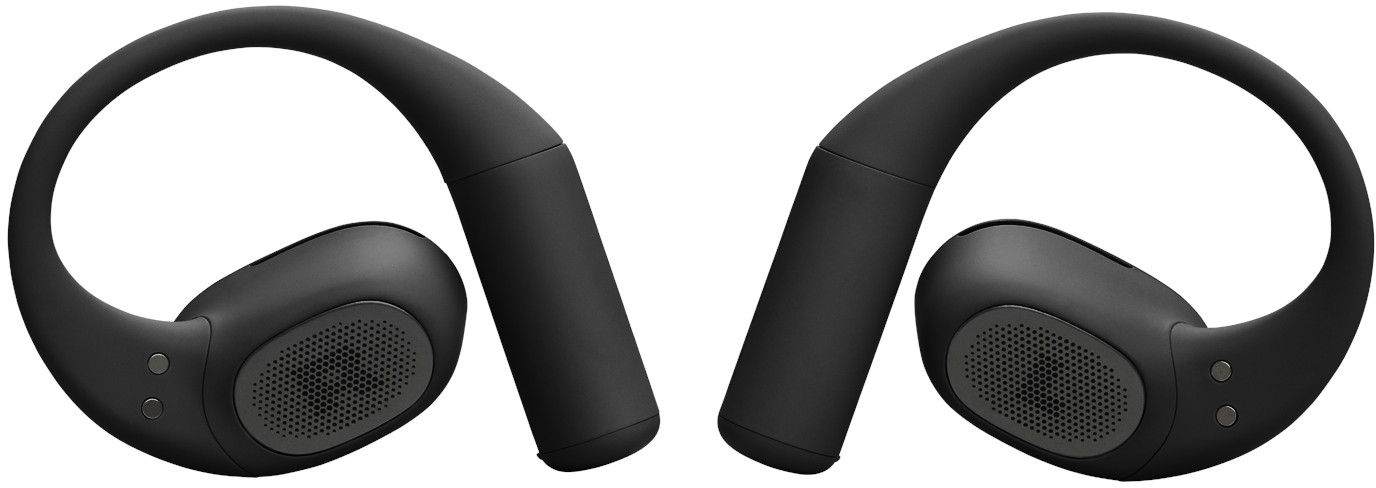 Deux écouteurs noirs circum-auriculaires sont affichés. Chacun a une bande incurvée et un haut-parleur. Le fond est blanc.