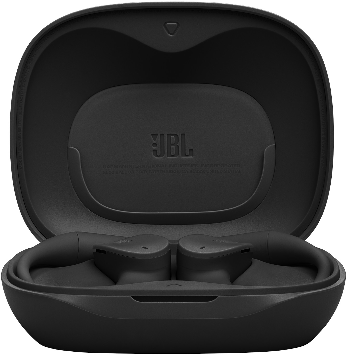 Étui noir ouvert pour écouteurs JBL, montrant deux écouteurs. L'étui est ouvert, avec le logo JBL visible à l'intérieur.