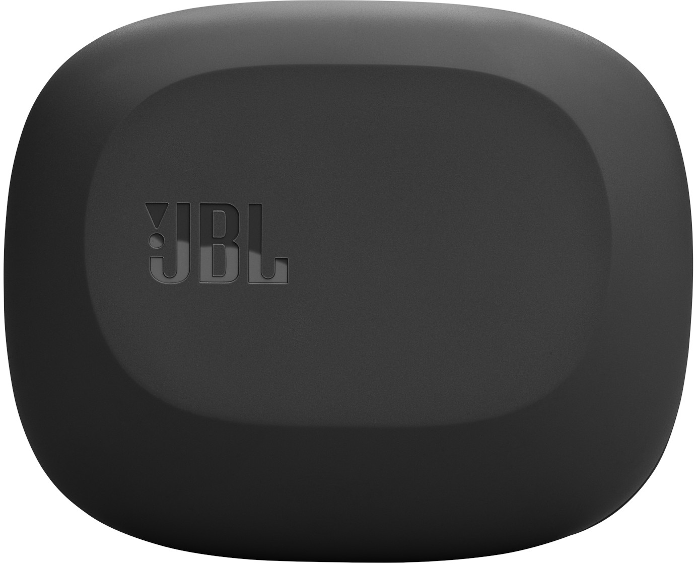 Un étui noir et arrondi avec le logo JBL en relief. L'étui est de couleur unie et semble être en plastique.