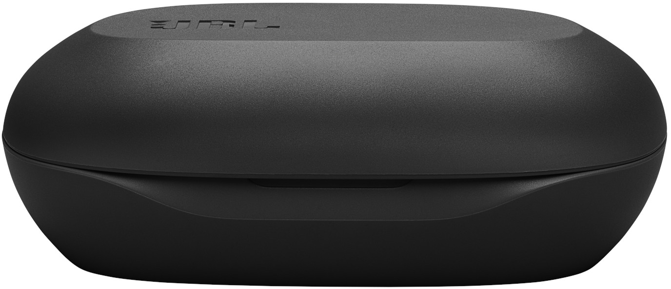 Un étui de chargement noir de forme ovale avec le logo JBL sur le dessus. L'étui est fermé et a une finition mate lisse.
