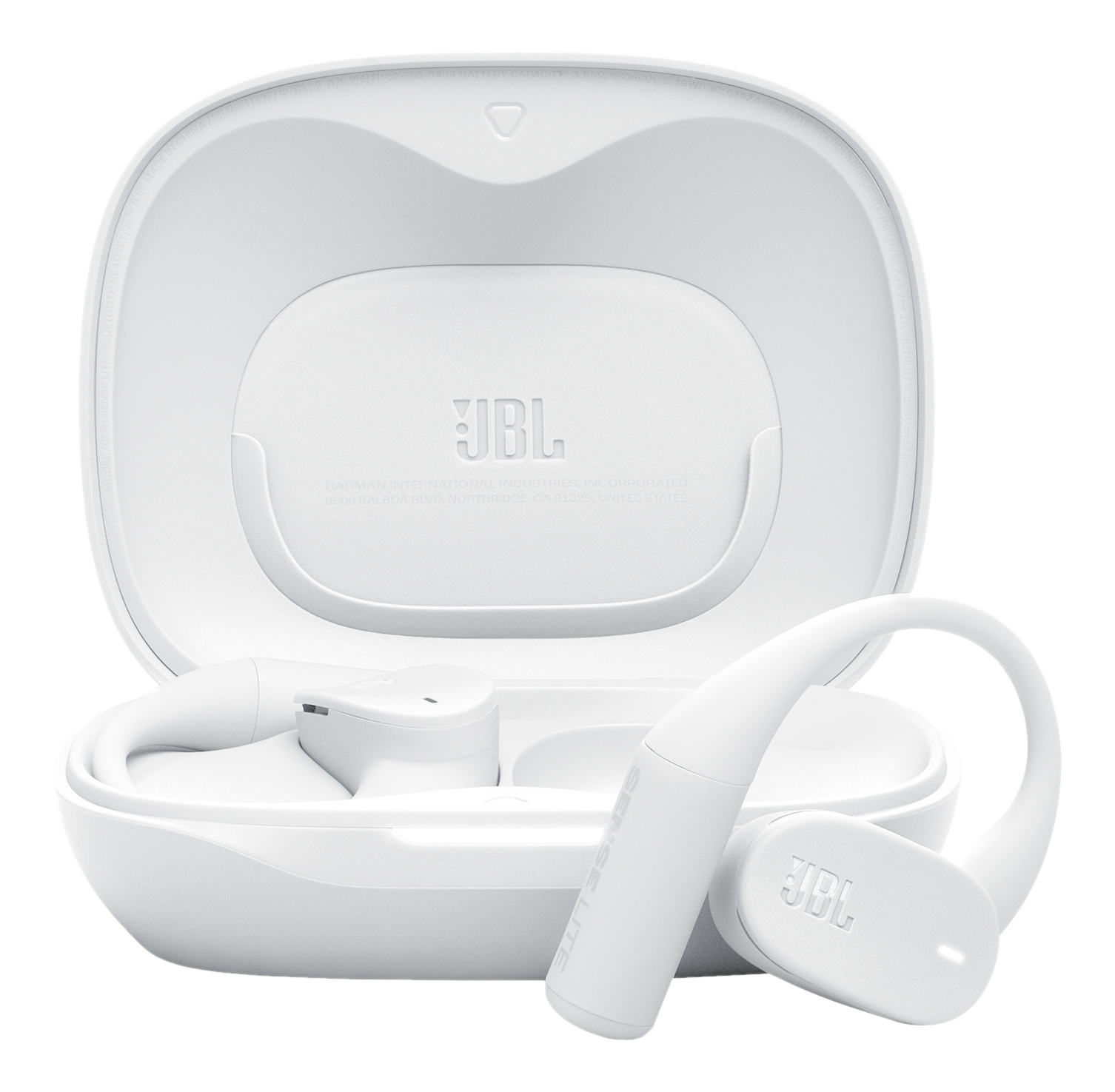 Écouteurs et étui de chargement JBL blancs sur fond noir. Un écouteur est hors de l'étui. Le logo JBL est visible.