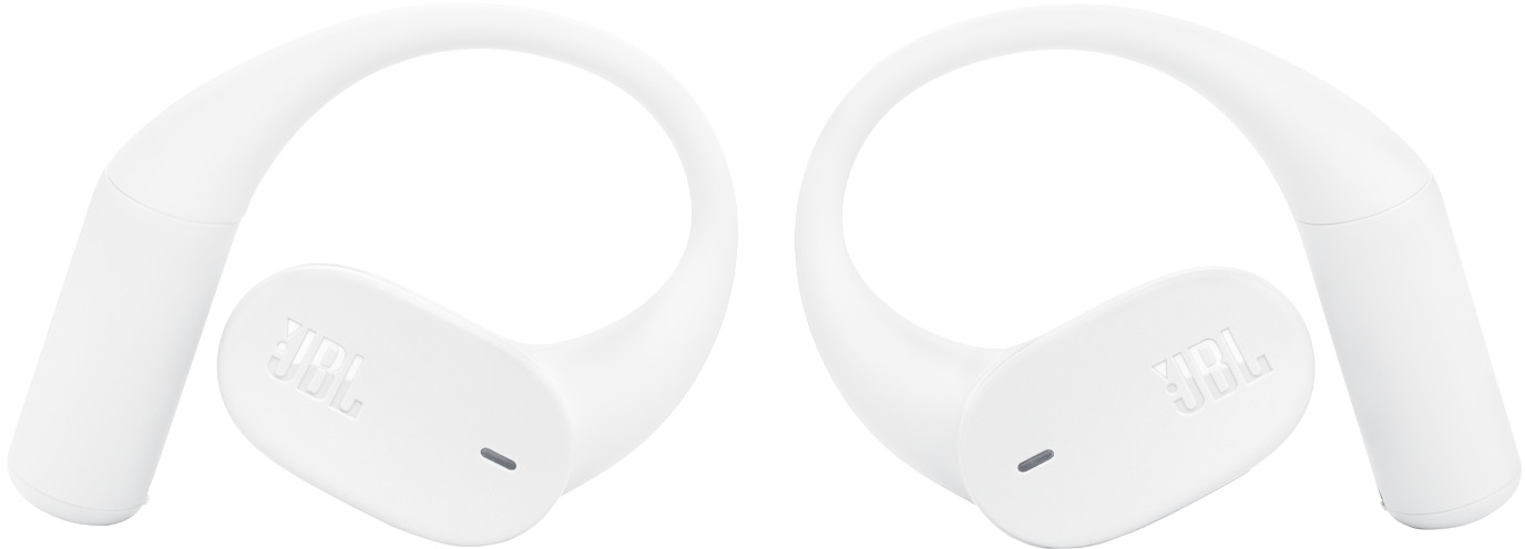 Deux écouteurs JBL blancs avec crochets d'oreille sont affichés. Le logo JBL est visible sur l'écouteur. Le fond est blanc.