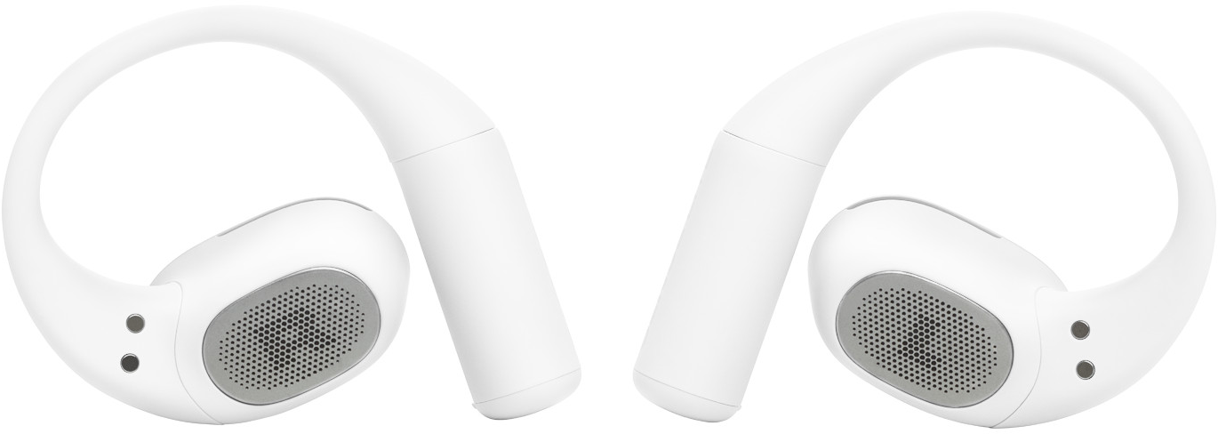 Deux écouteurs blancs en forme de crochet, chacun avec un haut-parleur et deux petits points. Le fond est blanc uni.