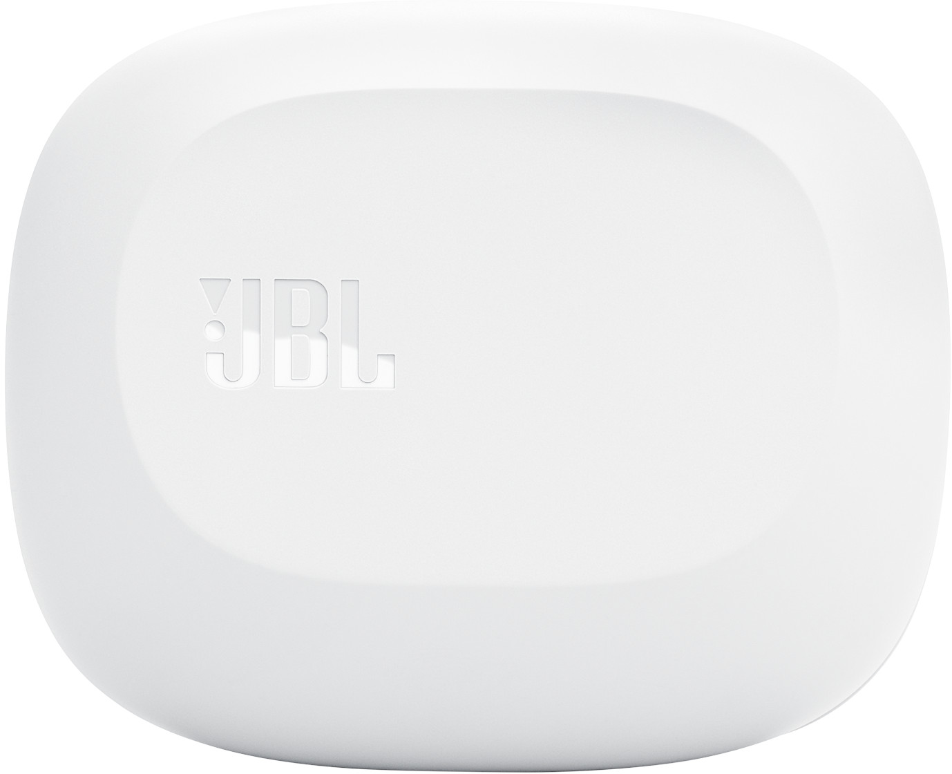 Un étui d'écouteurs JBL blanc. L'étui est ovale avec des coins arrondis. Le logo JBL est en relief au centre.