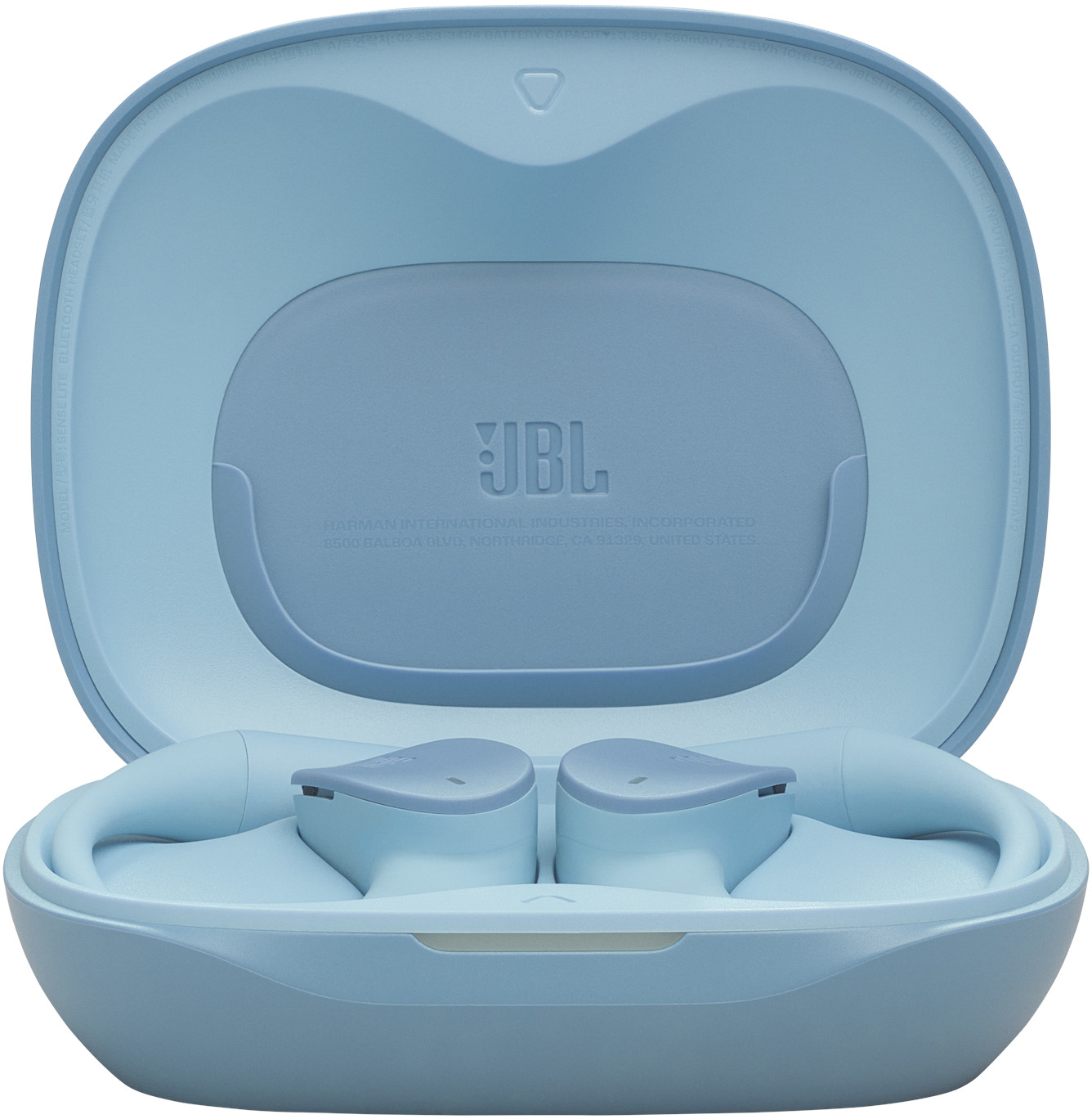 Offene blaue JBL-Ohrhörerhülle mit Ohrhörern darin. Der Koffer ist geöffnet und zeigt das Innere und das JBL-Logo.