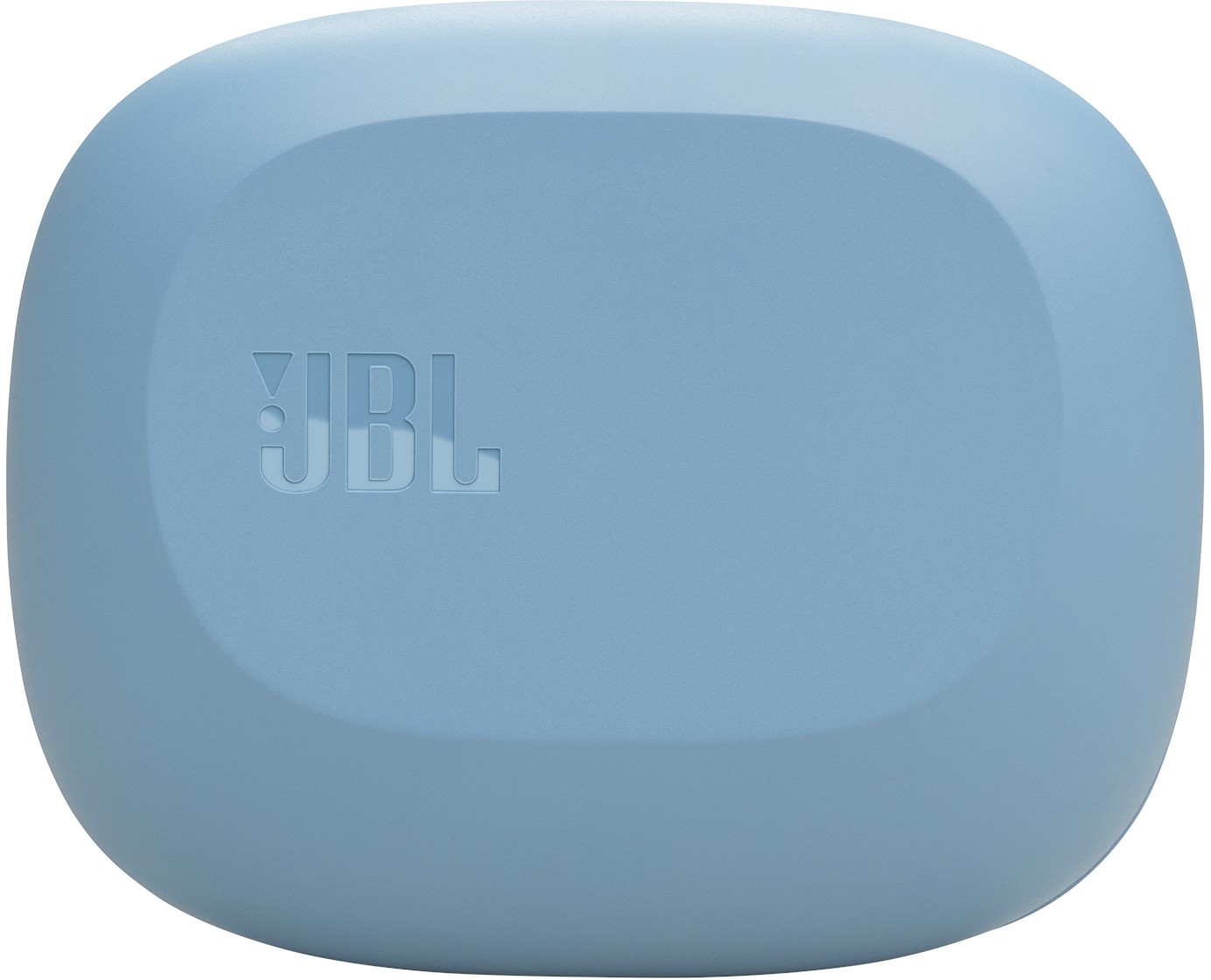 Ein hellblaues, abgerundetes Gehäuse mit dem eingeprägten JBL-Logo. Es ist wahrscheinlich eine Hülle für Ohrhörer.
