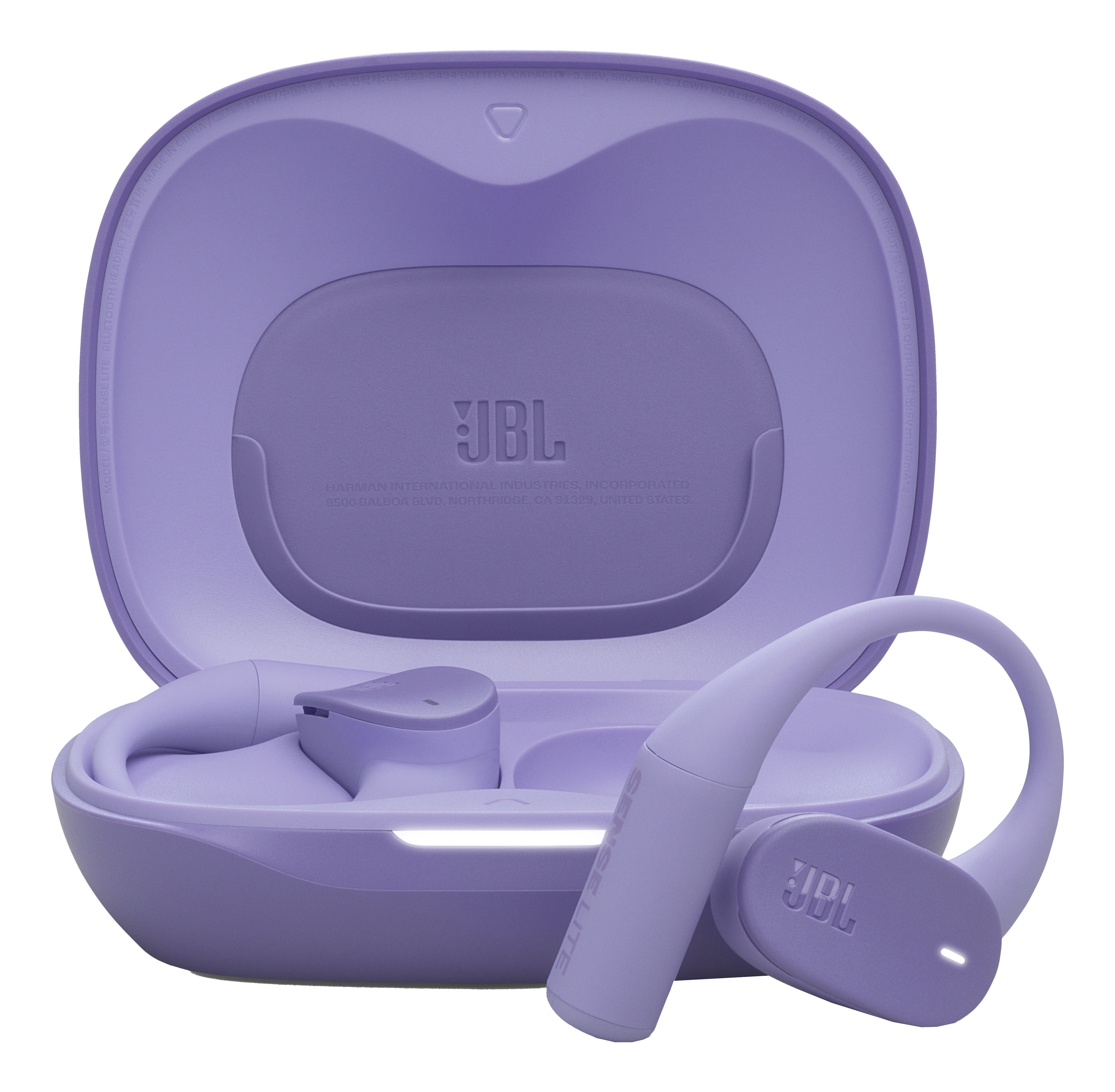 Ein lila JBL-Kopfhörerset mit geöffnetem Ladekoffer. Die Ohrhörer sind ebenfalls lila. Das JBL-Logo ist sichtbar.