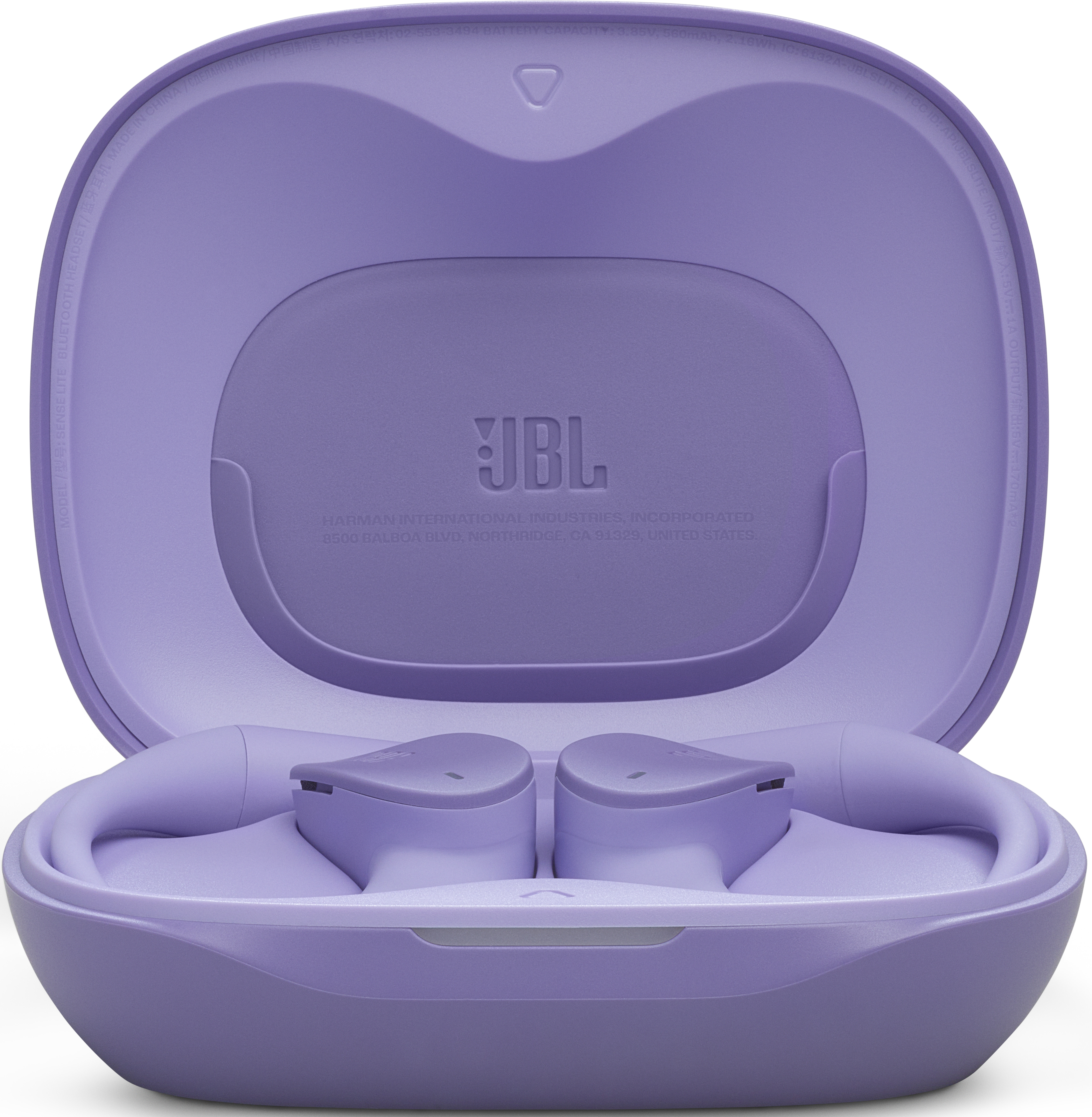 Geöffnete, violette JBL-Ohrhörer-Hülle mit Ohrhörern. Die Hülle ist geöffnet, die Ohrhörer und das JBL-Logo sind zu sehen.