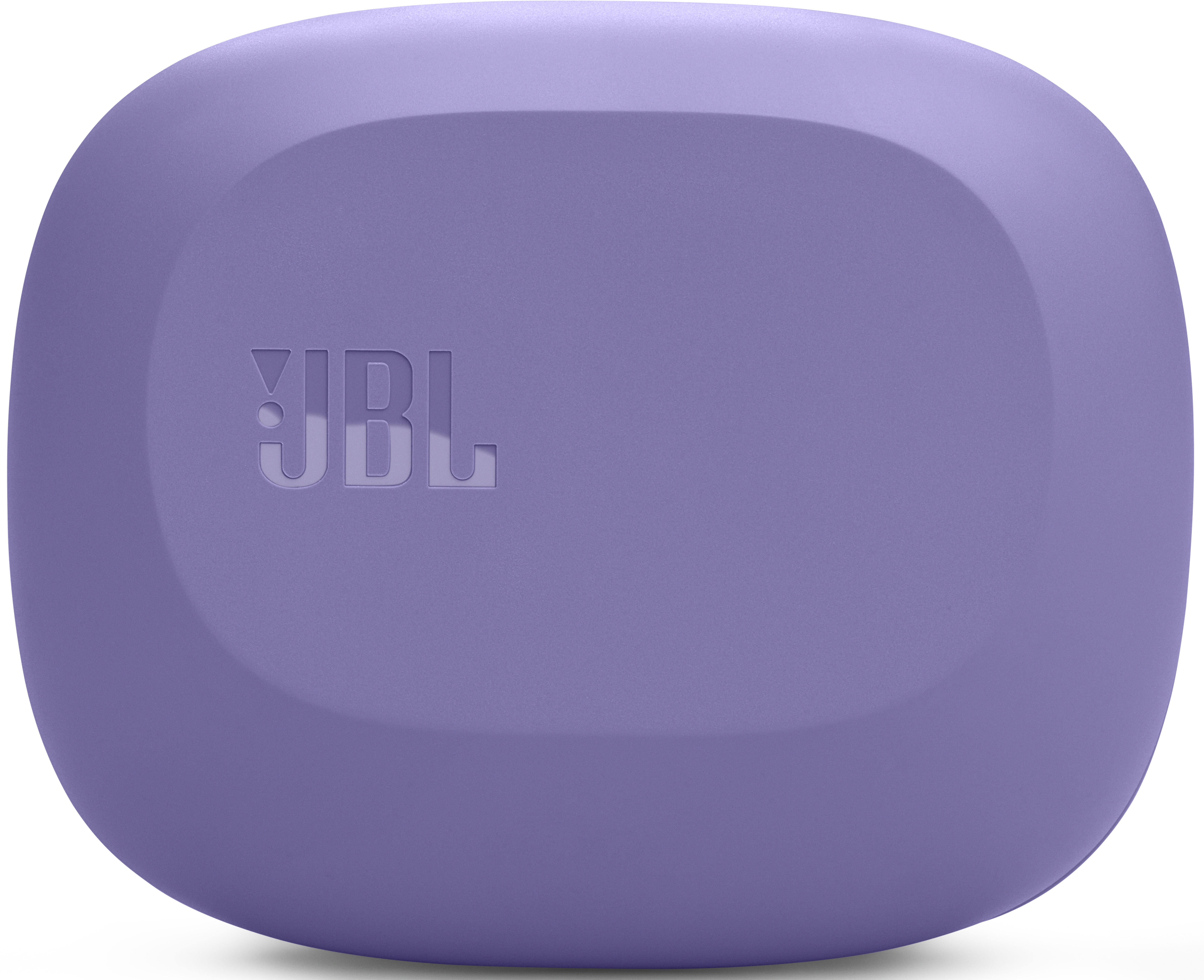 Nahaufnahme eines violetten JBL-Gehäuses. Das Gehäuse ist oval geformt und das JBL-Logo ist oben eingeprägt.