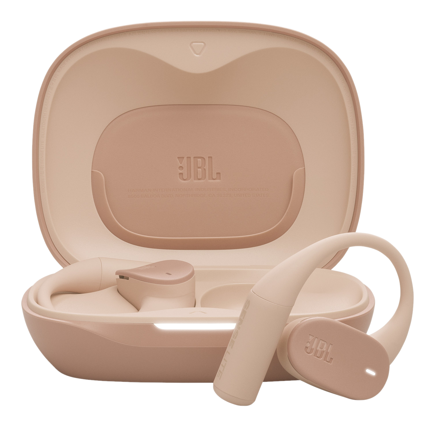Écouteurs JBL roses dans un étui ouvert. Un écouteur est hors de l'étui. L'étui et les écouteurs sont sur fond noir.