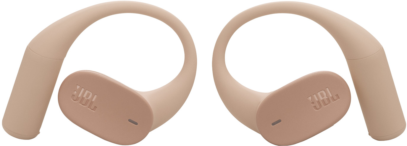 Deux écouteurs JBL couleur pêche sont présentés. Chacun a un crochet d'oreille, un écouteur et le logo JBL. Ils sont sur fond blanc.