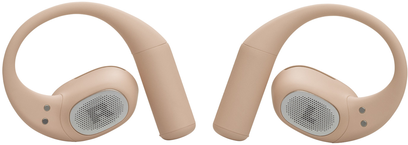 Deux écouteurs à crochet d'oreille rose clair sont affichés. Chacun a un haut-parleur et des boutons. Le fond est blanc.