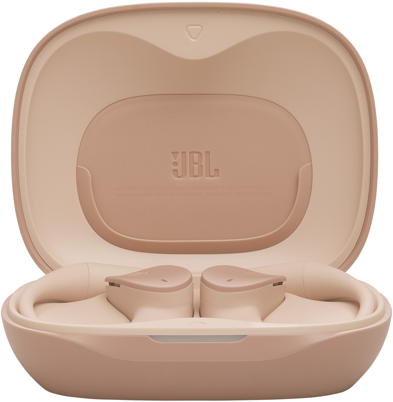 Étui d'écouteurs JBL ouvert avec deux écouteurs à l'intérieur. L'étui et les écouteurs sont de couleur pêche. Le logo JBL est sur le couvercle.