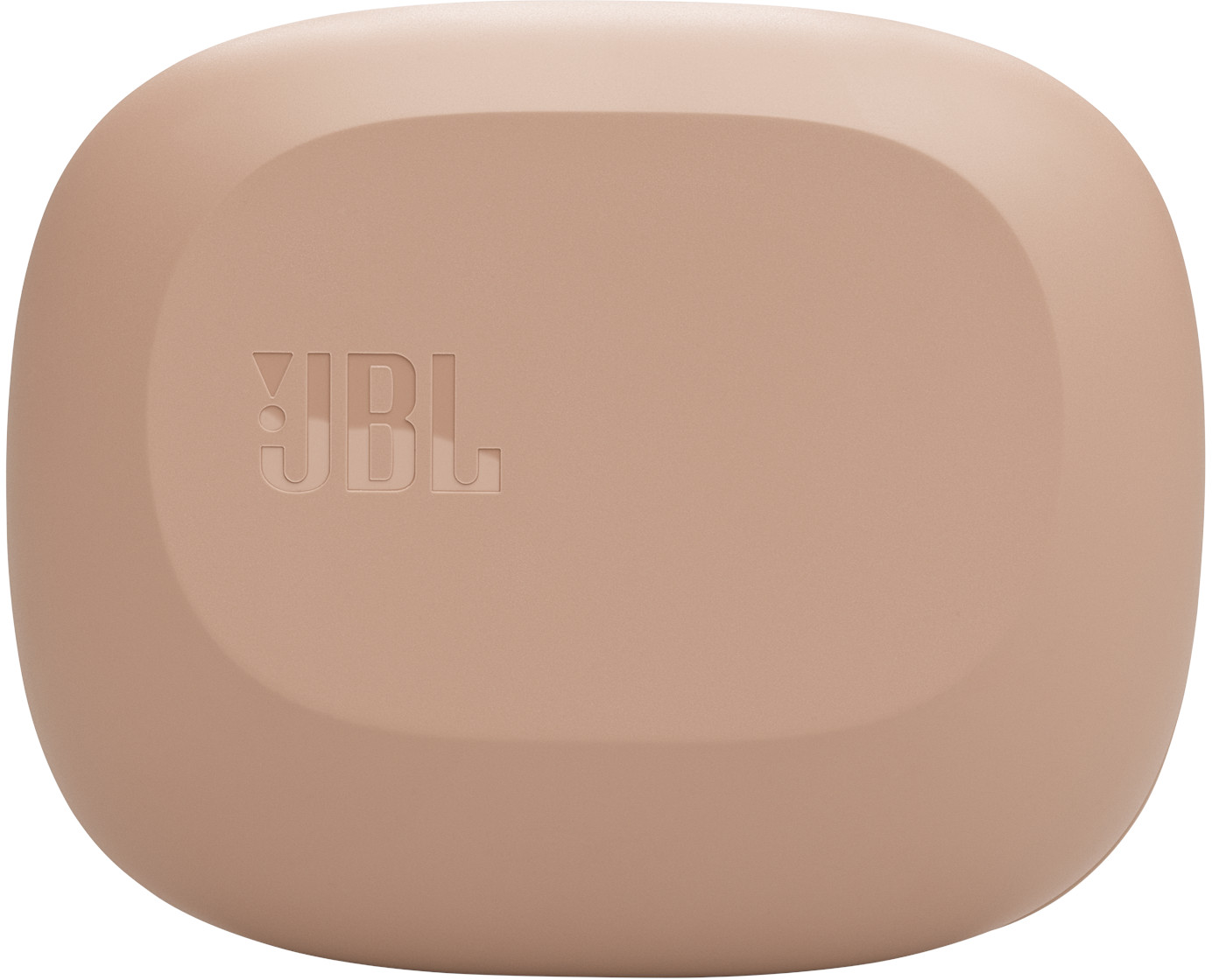 Un étui carré arrondi pêche avec le logo JBL en relief sur le dessus. Le fond est blanc.