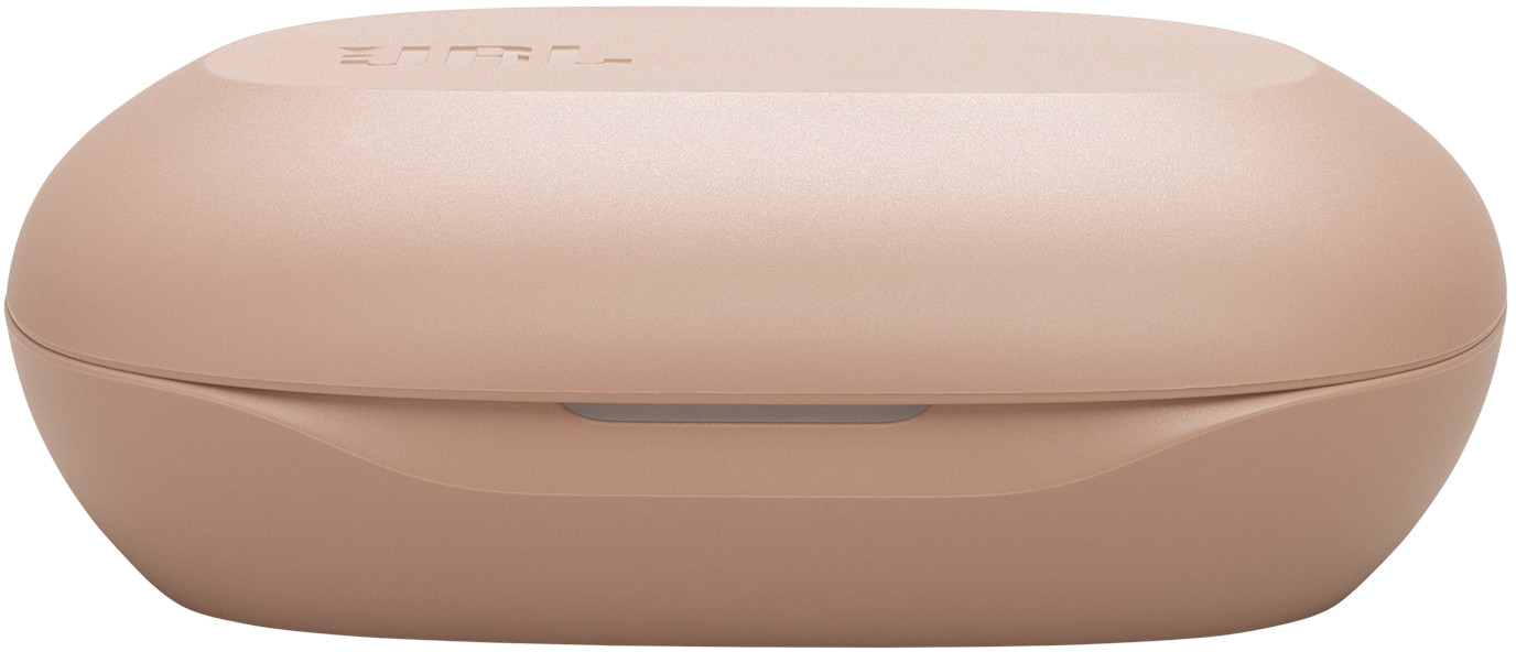 Un étui fermé, ovale, brun clair. Le dessus porte un logo JBL. L'étui est pour les écouteurs. Le fond est blanc.