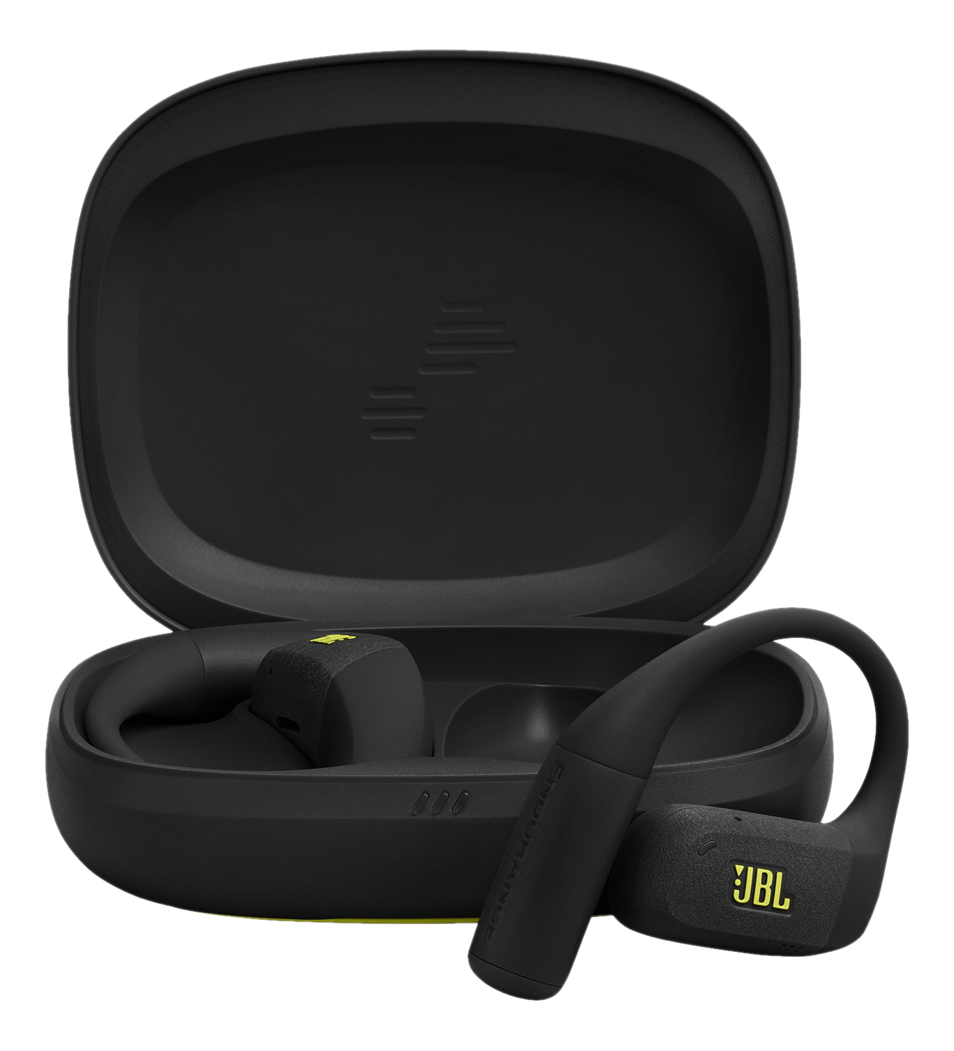 Schwarze JBL Endurance Ohrhörer in einem offenen schwarzen Etui. Die Ohrhörer haben gelbe Akzente und das JBL-Logo. Das Etui ist offen.