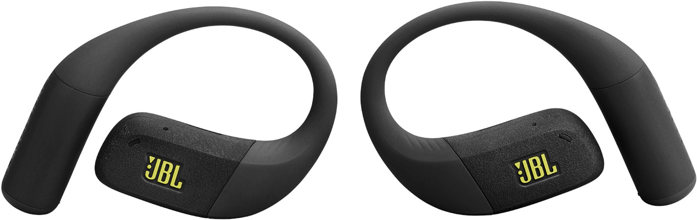 Zwei schwarze JBL-Kopfhörer mit gelben Logos auf weißem Hintergrund. Das Design umfasst Ohrbügel.