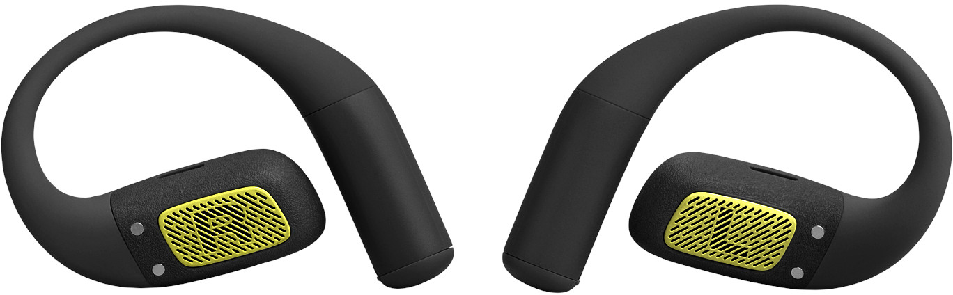 Zwei schwarze kabellose Kopfhörer mit gelben Details. Sie haben ein gebogenes Design, um sich dem Ohr anzupassen.