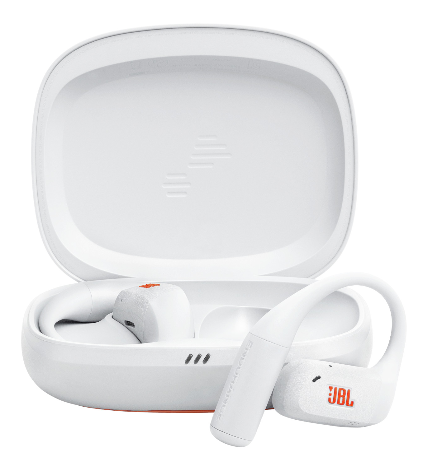 Weiße JBL-Funkkopfhörer in einem Ladeetui. Das Etui ist geöffnet und zeigt die Kopfhörer mit orangefarbenen Akzenten. Schwarzer Hintergrund.