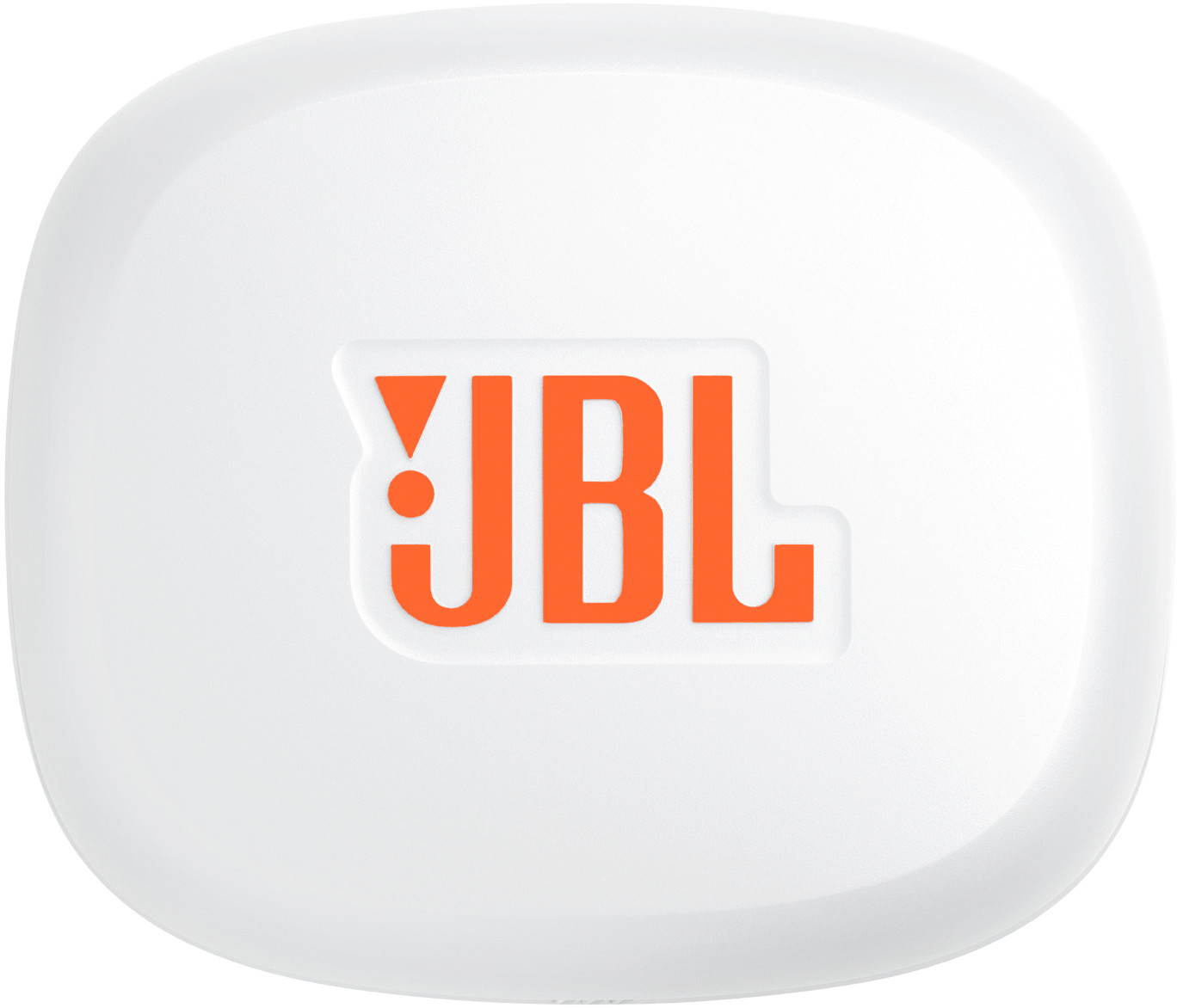 Weißes, abgerundetes JBL-Etui mit orangefarbenem Logo. Das JBL-Logo ist zentriert, der Markenname in Orange.
