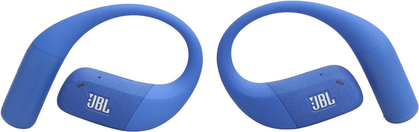 Zwei blaue kabellose JBL-Kopfhörer mit Ohrbügeln. Jeder hat das JBL-Logo in Weiß.
