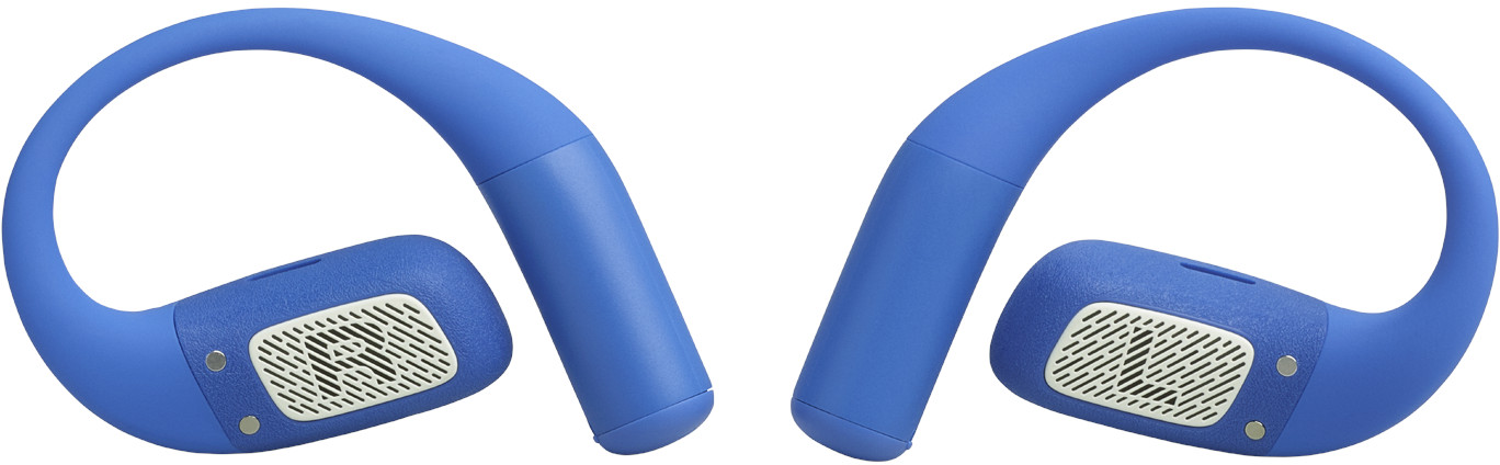Zwei blaue Over-Ear-Kopfhörer werden gezeigt. Jeder hat eine Schlaufe und ein Lautsprechergehäuse mit einem Gitter. Weißer Hintergrund.