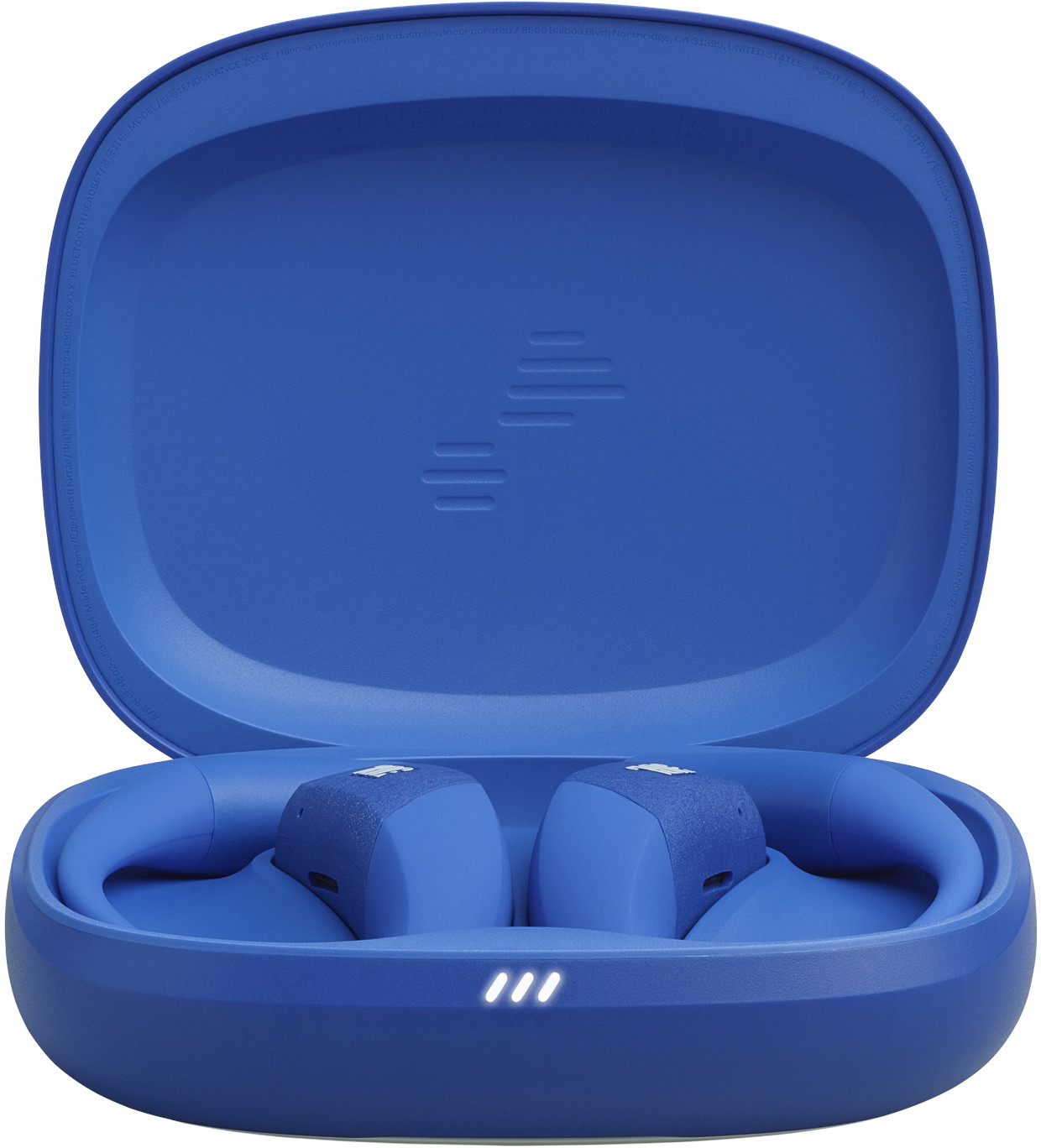 Geöffnete blaue Kopfhörerhülle mit Ohrhörern. Das Etui ist oval und die Ohrhörer haben kleine weiße Lichter.