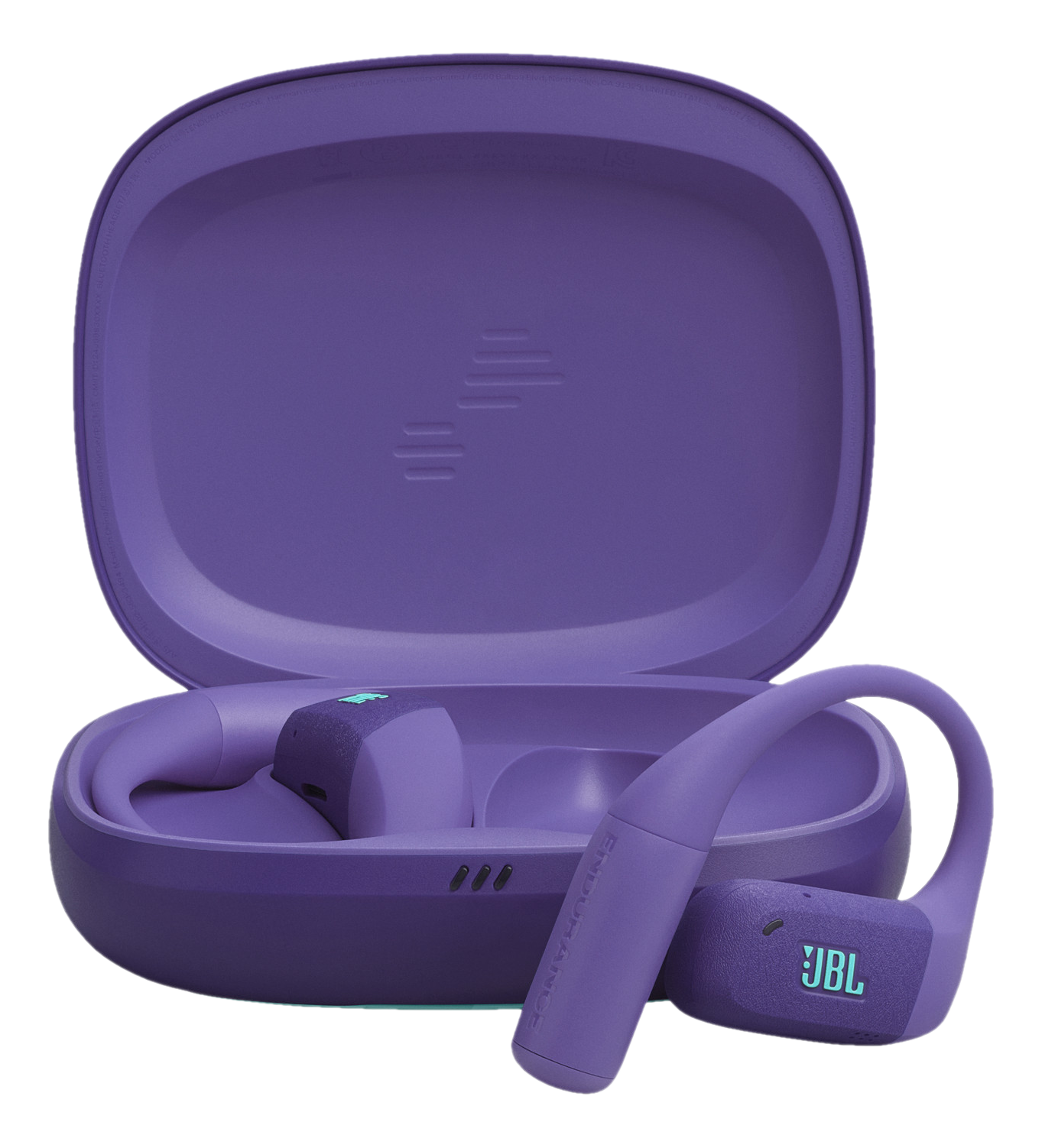 Lila JBL Endurance Ohrhörer und Ladecase. Ein Ohrhörer liegt außerhalb der Hülle und zeigt das JBL-Logo.