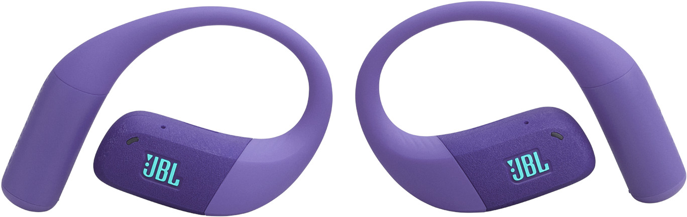 Zwei violette JBL-Kopfhörer, Ohrbügel und Ohrhörer, auf weißem Hintergrund. JBL-Logo auf den Ohrhörern.