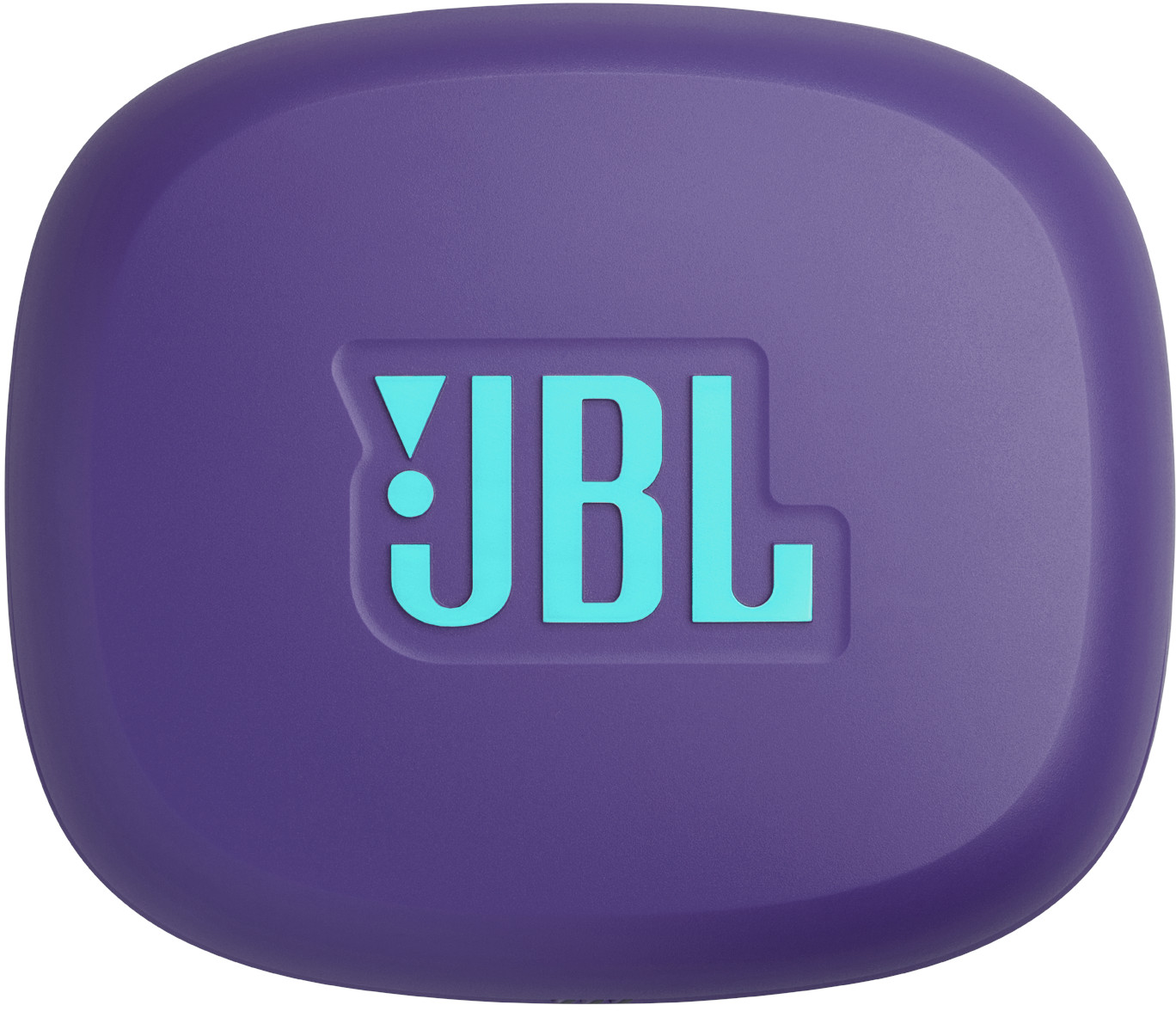 Ein lila, abgerundetes Etui mit dem türkisfarbenen JBL-Logo in der Mitte. Das Etui ist glatt und hat eine leicht strukturierte Oberfläche.