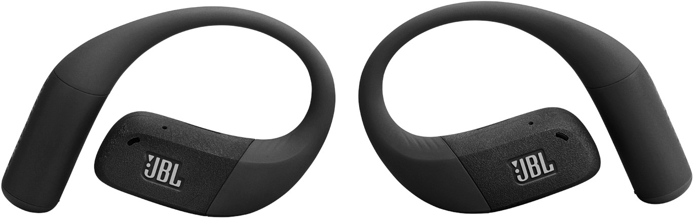 Zwei schwarze JBL-Kopfhörer. Jeder hat einen gebogenen Ohrbügel und einen strukturierten Abschnitt mit dem JBL-Logo.