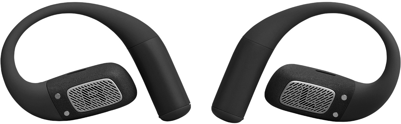 Zwei schwarze Over-Ear-Kopfhörer. Jeder hat ein gebogenes Band, einen strukturierten Lautsprecher und ein silbernes Gitter. Weißer Hintergrund.