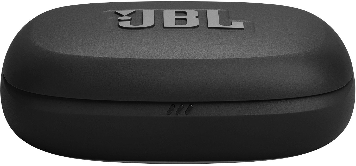 Schwarzes JBL-Kopfhörer-Etui. Das Etui ist oval und hat das JBL-Logo oben. Unten sind drei kleine Punkte sichtbar.