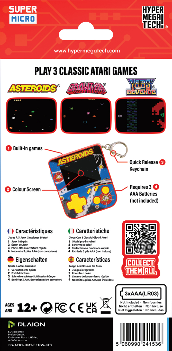 L'emballage montre une console de jeux Atari. Possède des jeux intégrés, un écran couleur, un porte-clés et nécessite 3 piles AAA.