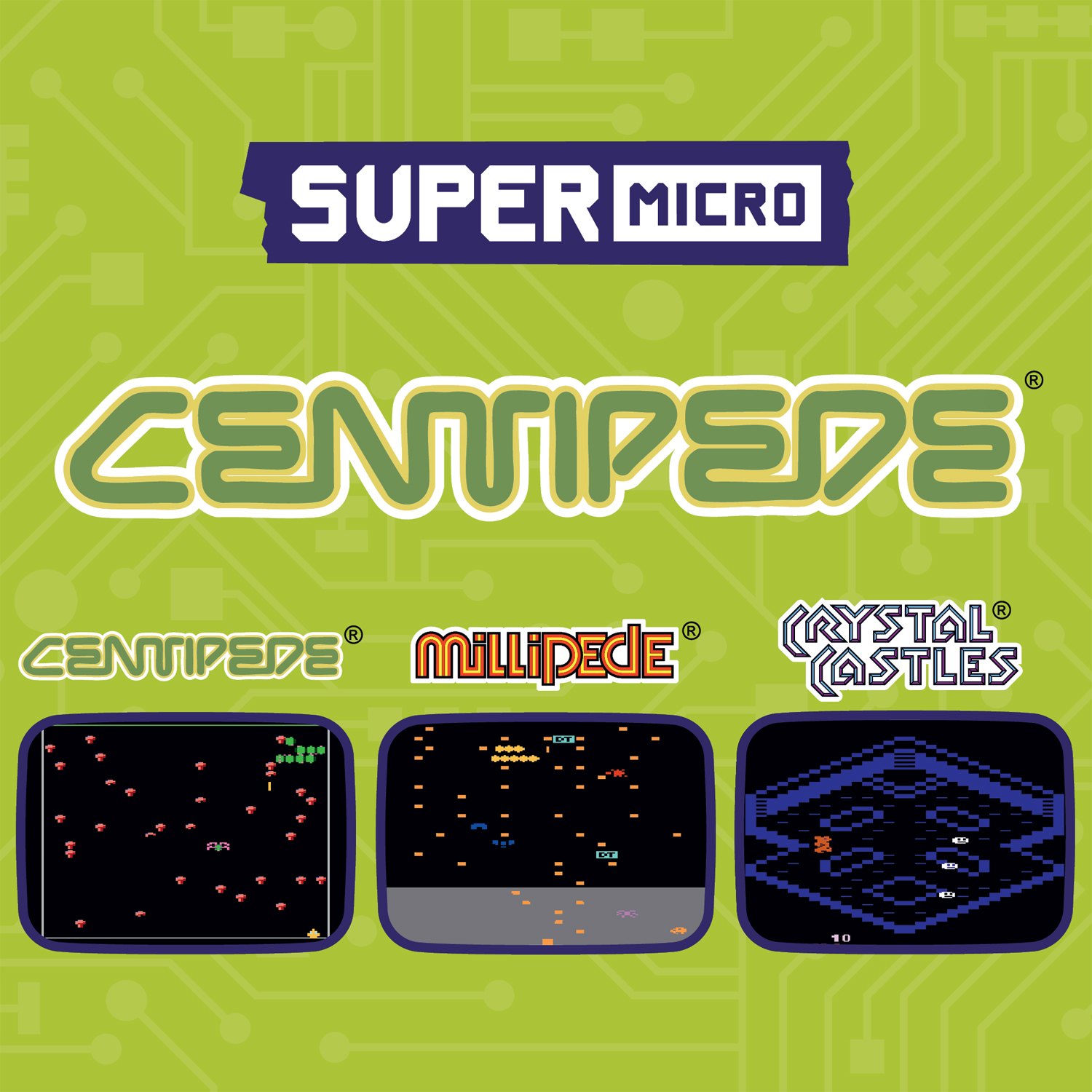 Image du jeu d'arcade classique Centipede. Comprend des logos de jeux et des captures d'écran de Centipede, Millipede et Crystal Castles. Fond vert.