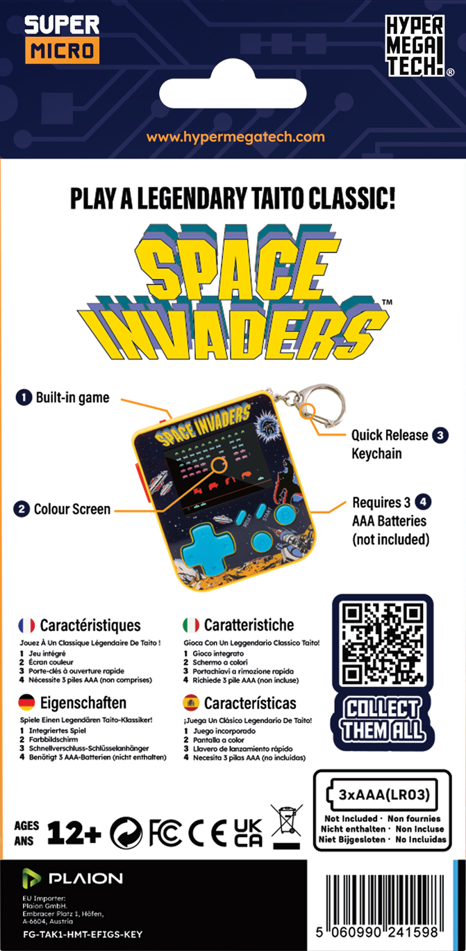 Emballage pour un jeu Space Invaders. Il présente une console portable, du texte et des logos.