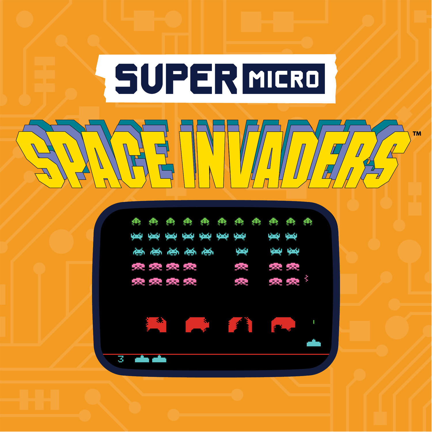 Illustration du jeu Space Invaders. Le titre est au-dessus d'un écran de jeu pixélisé montrant des extraterrestres et un vaisseau spatial. Le fond est orange.