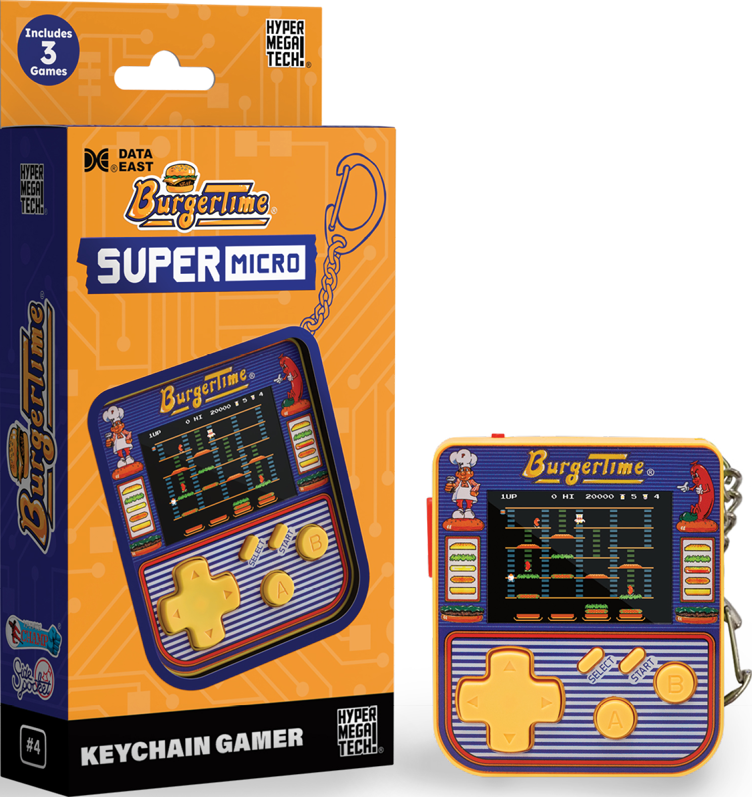 Une boîte et un jeu de porte-clés. Le jeu est un jeu portable BurgerTime. La boîte indique 'Keychain Gamer' et 'Super Micro'. Le jeu montre un chef et un hot-dog.