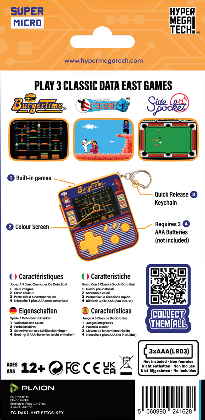Un emballage de console de jeu. Il propose trois jeux classiques, un écran couleur, un porte-clés à libération rapide et nécessite des piles AAA.