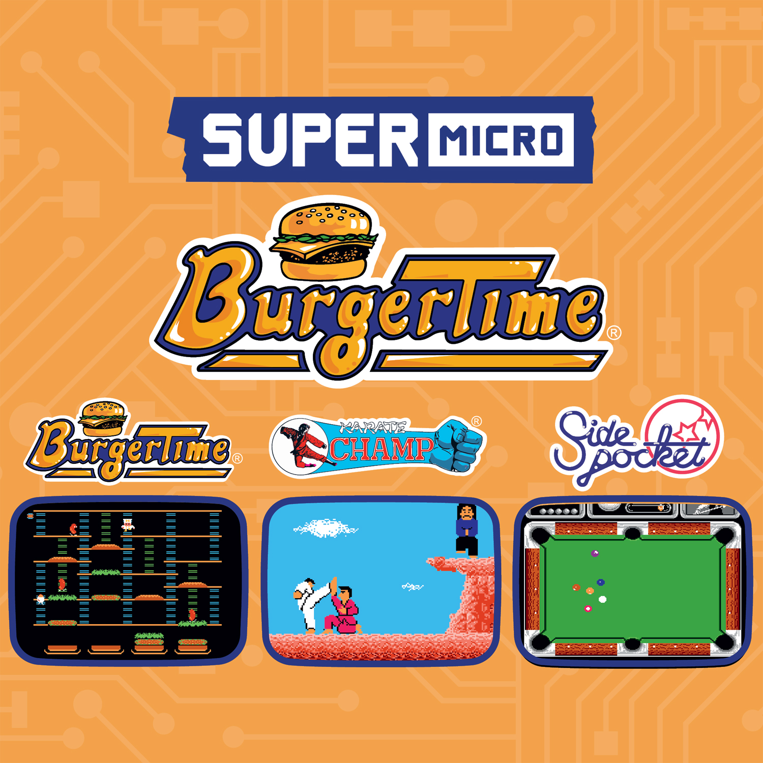 L'image présente des logos de jeux d'arcade : BurgerTime, Karate Champ et Side Pocket. Le fond est orange avec des lignes de circuits.