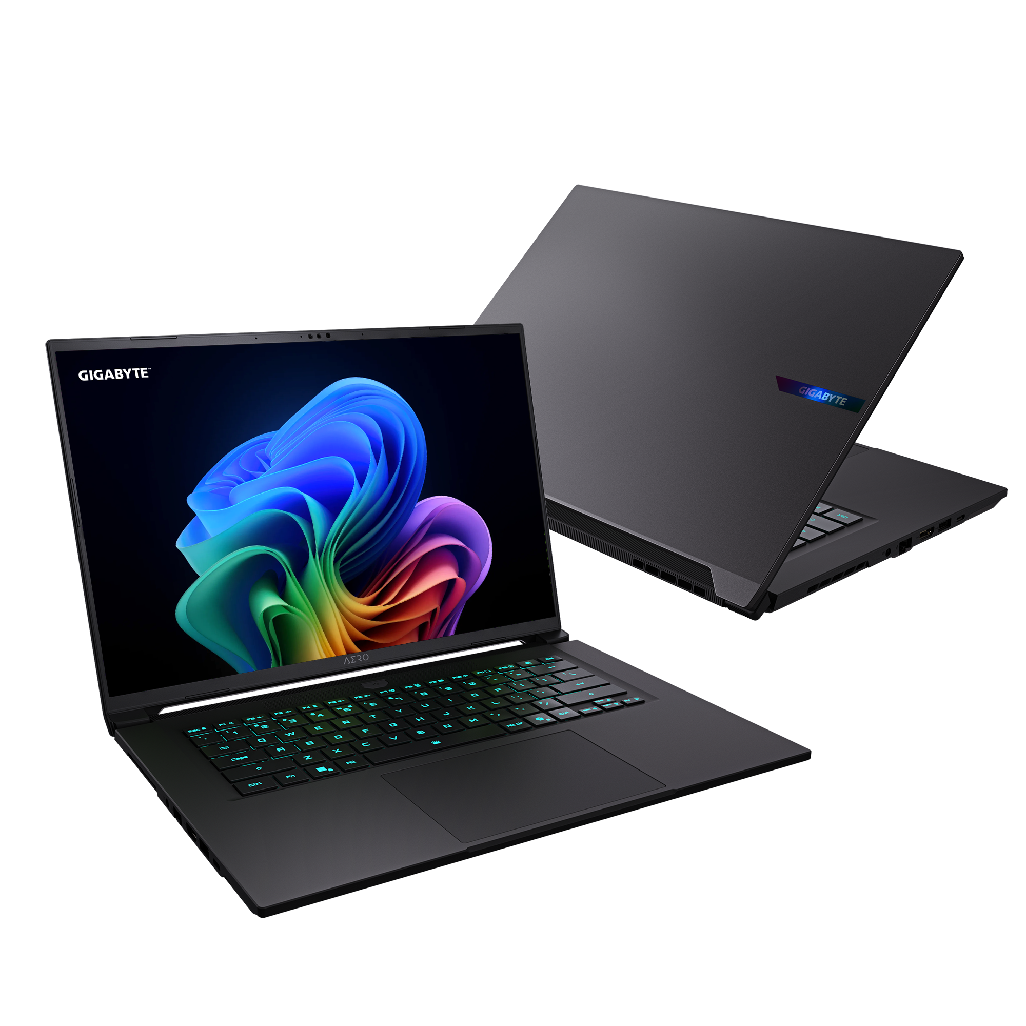 Zwei schwarze Laptops. Eines geöffnet, mit buntem abstraktem Bild, das andere geschlossen. Offener Laptop leuchtende Tastatur.