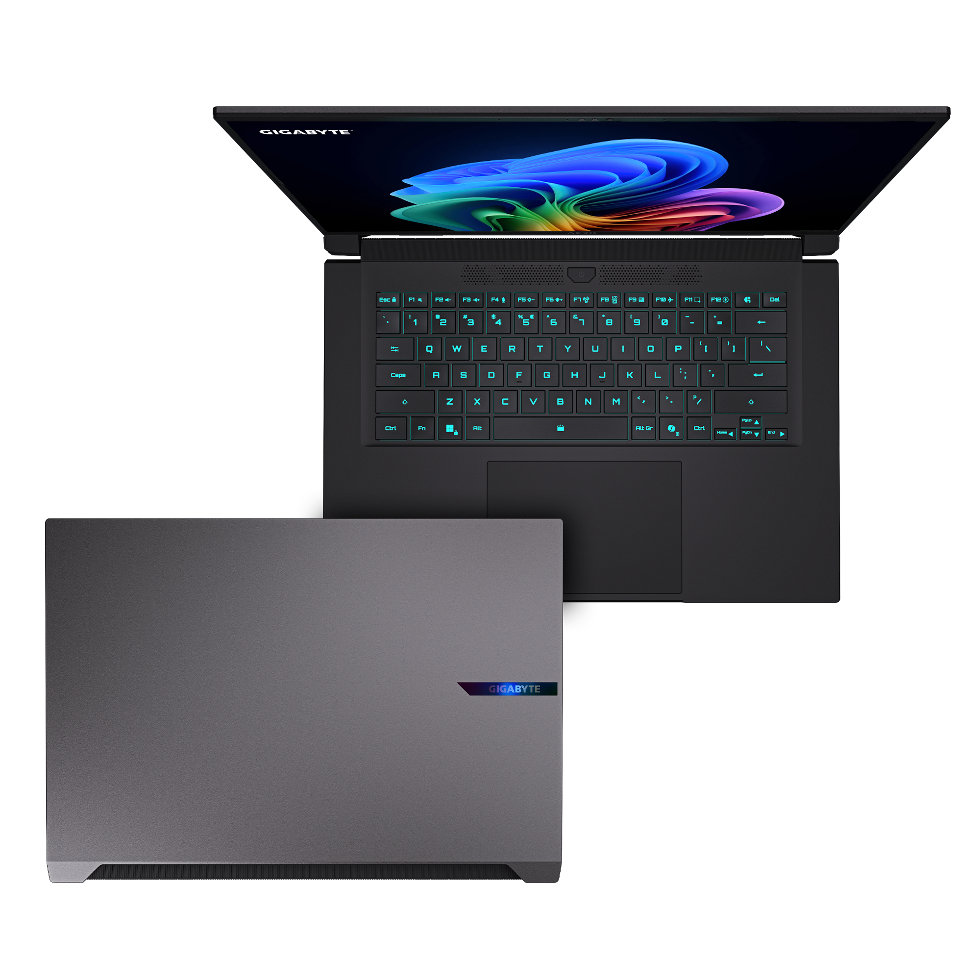 Ein schwarzer Laptop ist geöffnet und zeigt einen farbenfrohen Bildschirm. Die Tastatur ist sichtbar. Ein weiterer Laptop ist unten geschlossen.